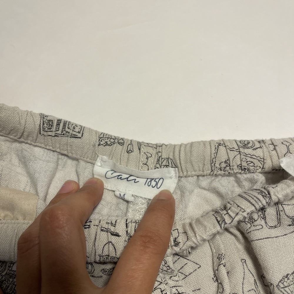 Cali 1850 M Linen Rayon Pants Beige European Cafe Sketch Print Wide Leg Vacation - Picture 8 of 11